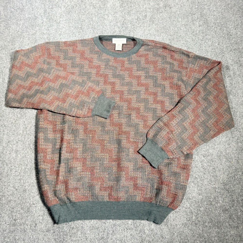 Vintage Tricots St Raphael Merino Wool Sweater Mens XL Green Red Zig Zag